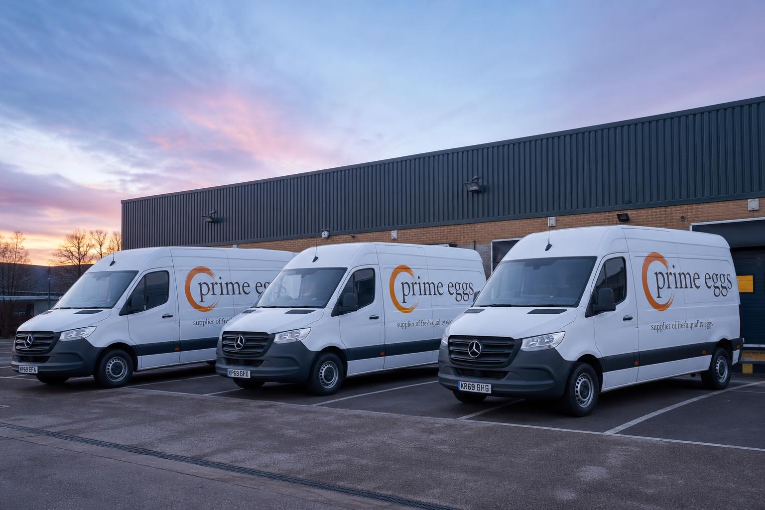 Prime Eggs branded Mercedes Sprinter delivery vans lined up at the depot