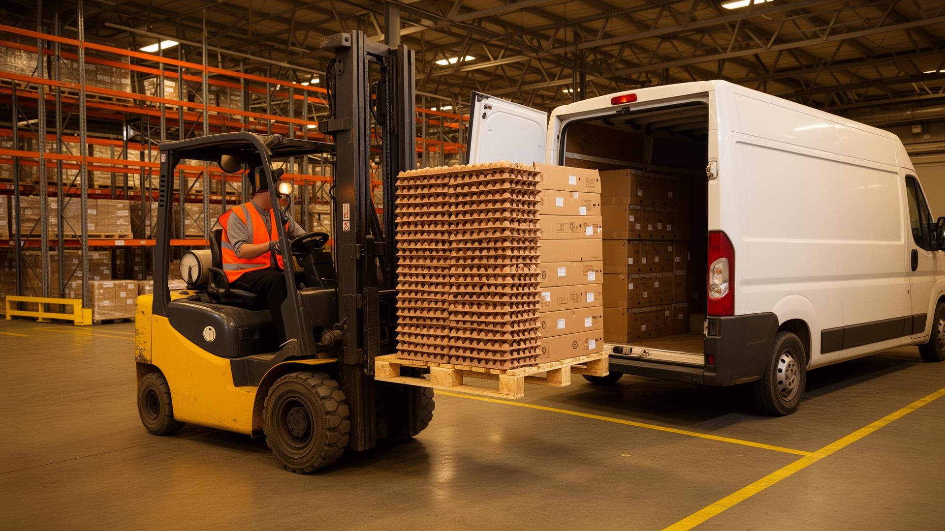 Forklift loading a pallet of egg trays into a Prime Eggs delivery van