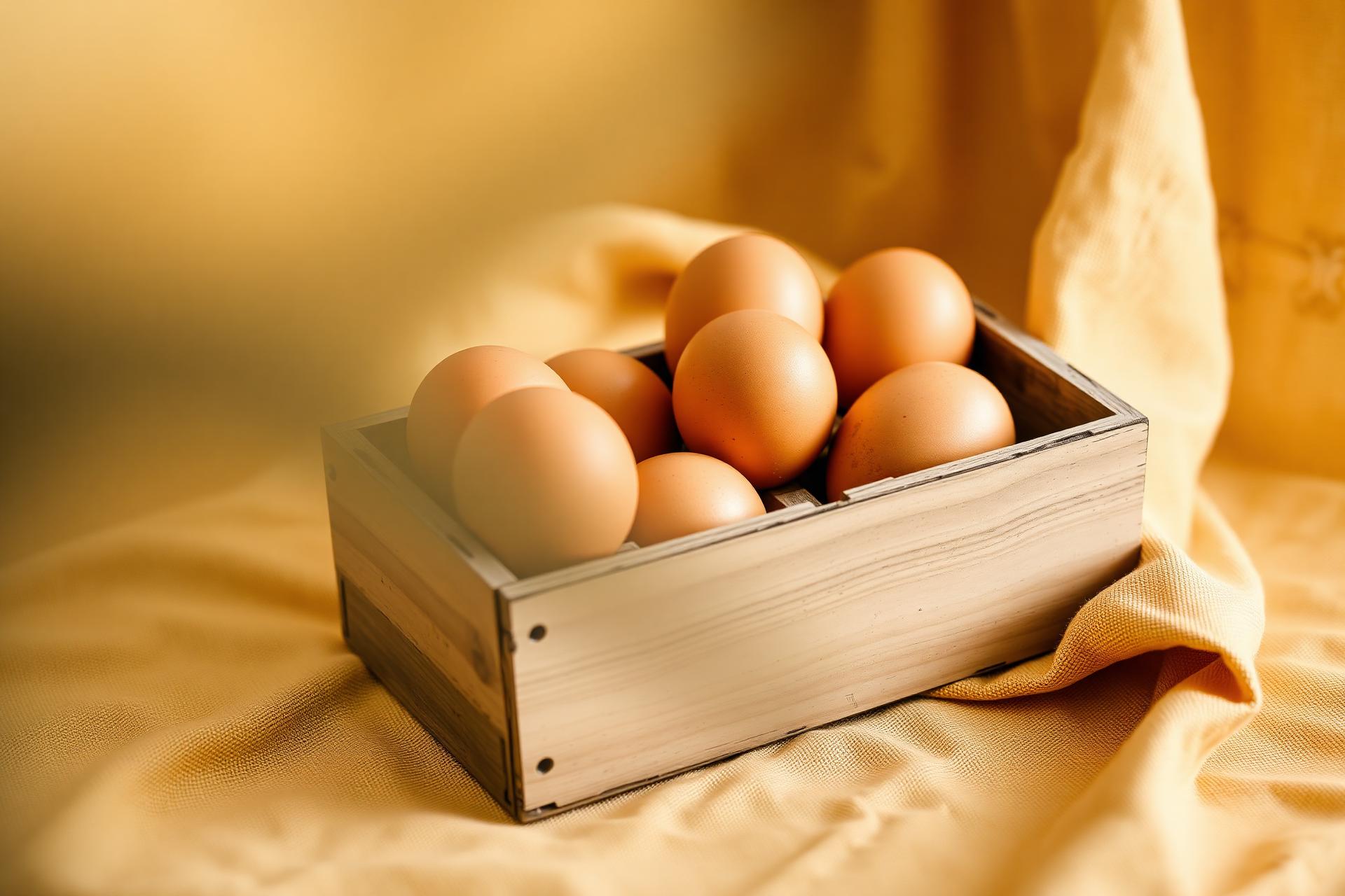 Fresh brown eggs in a rustic crate