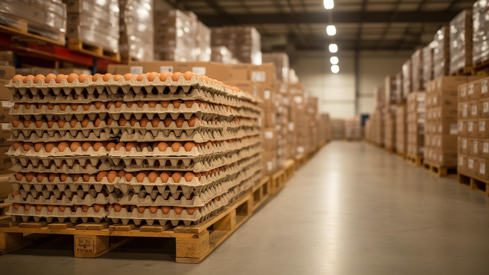 Pallets stacked with brown egg trays inside the Prime Eggs warehouse